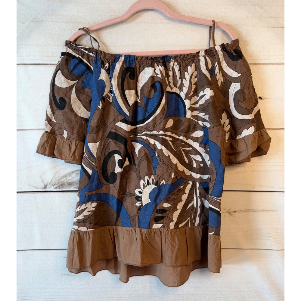 Ermanno Scervino Milano Linen Off Shoulder Paisley Ruffle Top Brown Blue Medium